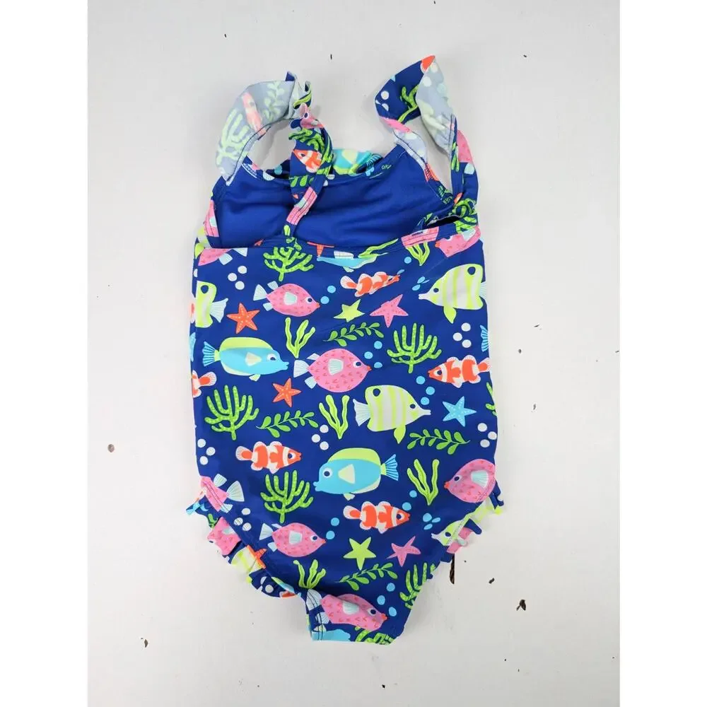 Gymboree Toddler Girls 4T Blue Multicolor Fish One Piece Swimsuit